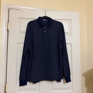 Vintage Polo Ralph Lauren Men’s Long Sleeve Navy Blue Gray Striped Polo Shirt XL